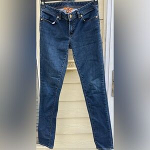 TORY BURCH Medium Dark Wash Gold Logo Hardware Low Rise Skinny Jeans Sz 27